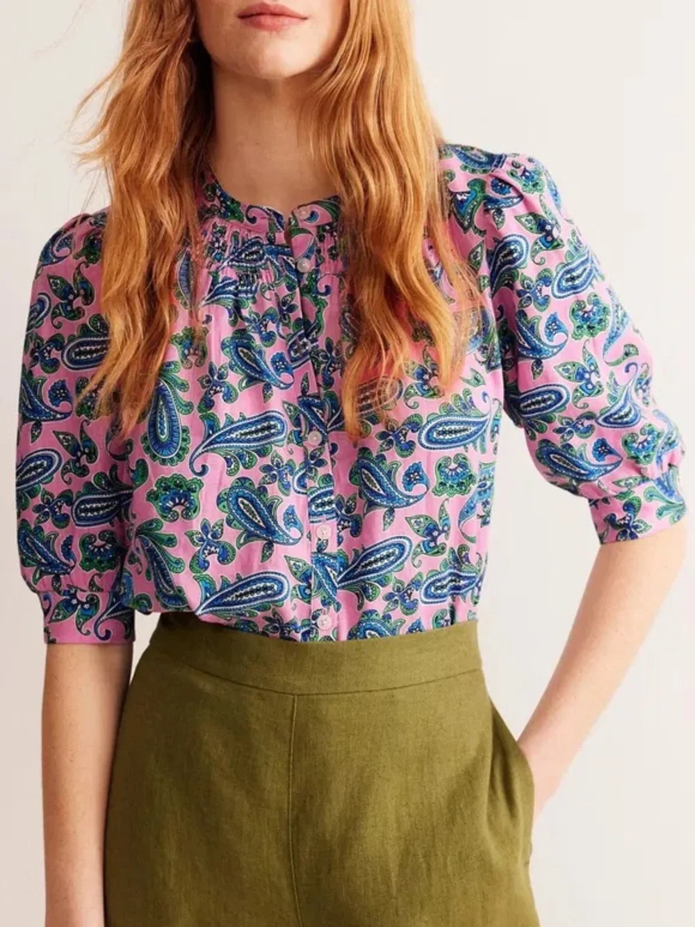 Boden linen Ada button front elbow sleeve rose damask paisley blouse size US 14